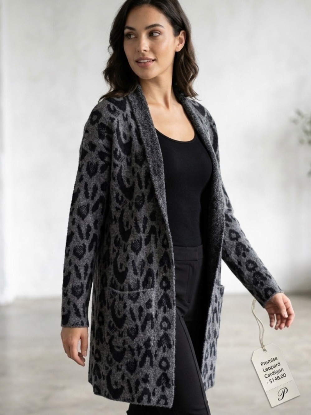 Premise Gray and Black Leopard Open  Cardigan, day and night SZL Excellent shape